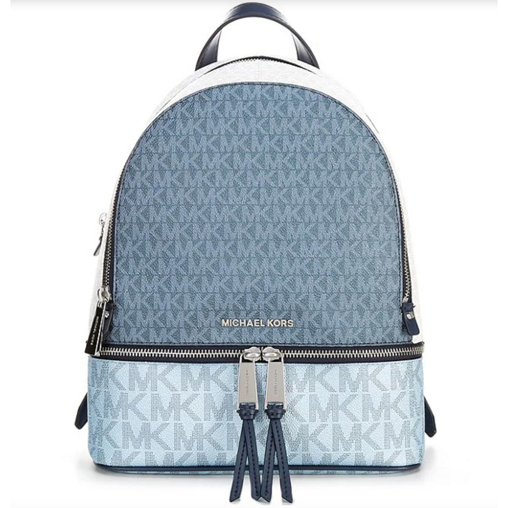 NWT Michael Kors Rhea Medium Colorblock Silver Hardware Signature Logo Backpack